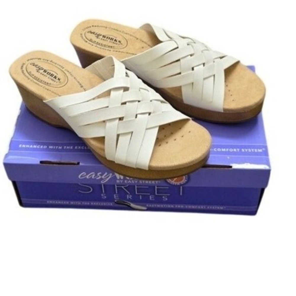 Easy Works Rosanna Sandals 10 White Woven Wedge Slip Resistant Comfort Clogs
